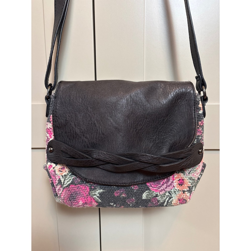 American Eagle Floral Tapestry Crossbody Bag Brown Faux Leather Braided Trim
